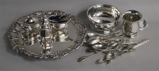 Two x sets of of six Victorian silver Kings pattern teaspoons, a set of six silver coffee spoons, a silver christening cup & spoon etc